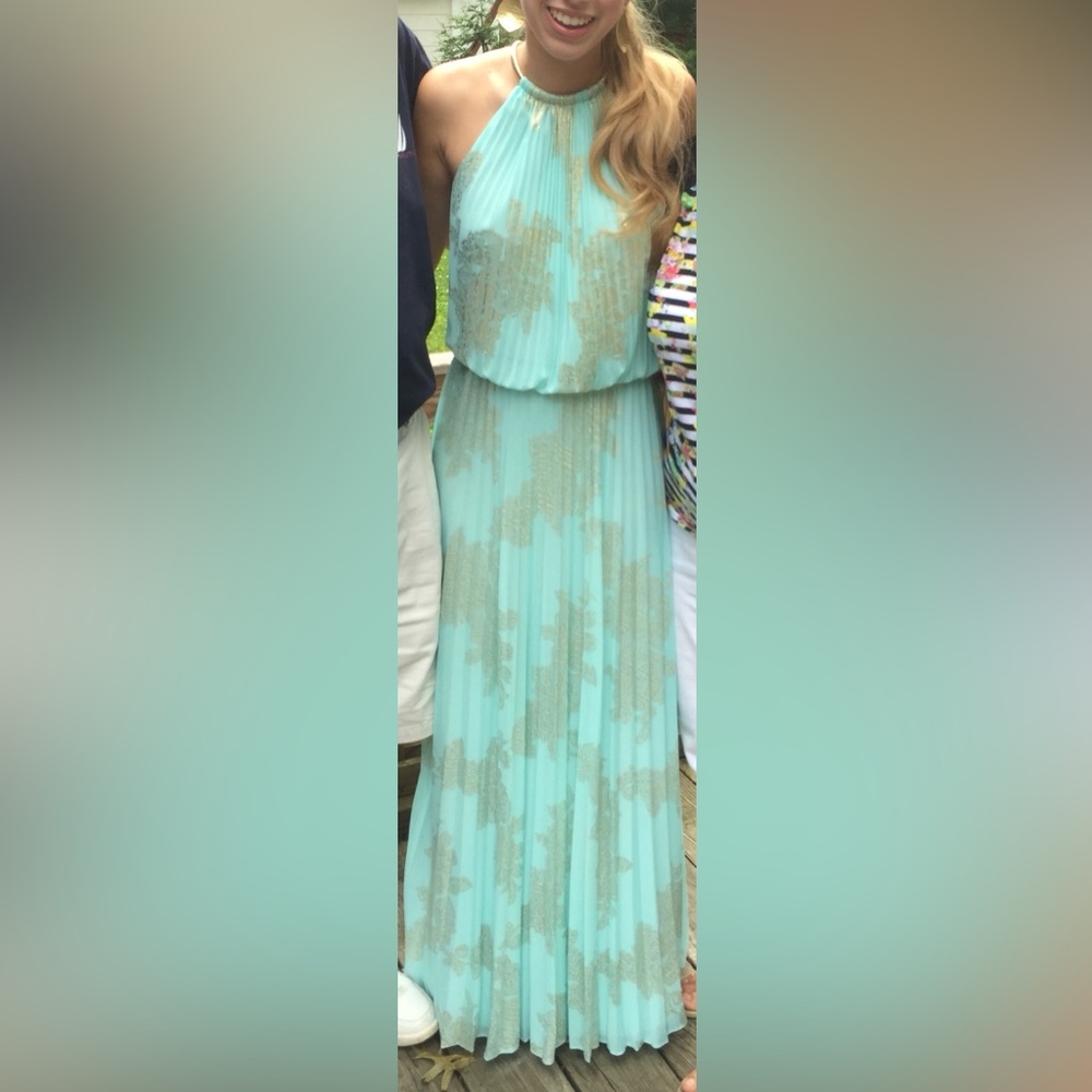 Xscape Aqua and Gold Halter Maxi Dress
